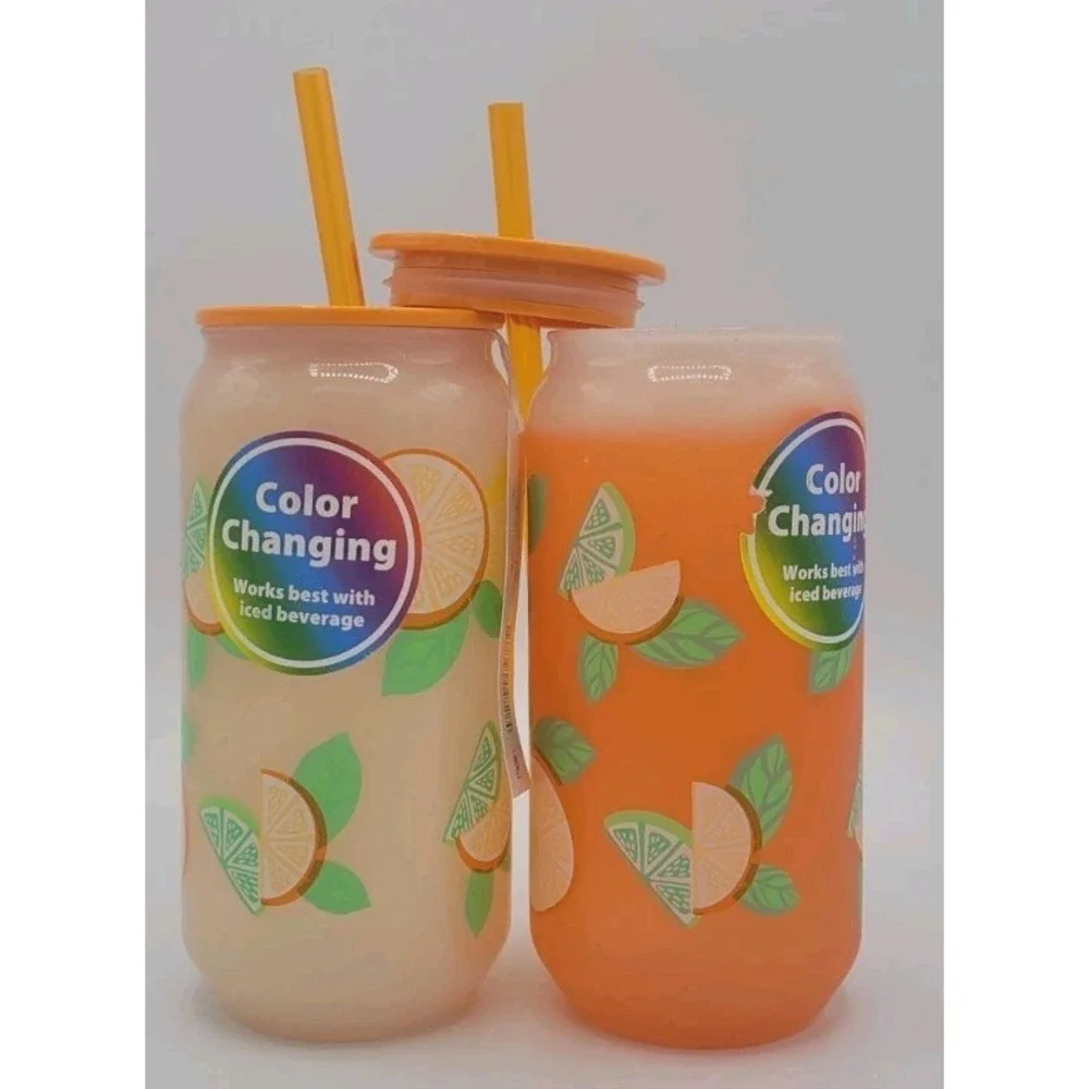 20oz Color Changing Tumbler NEW Set Of 4 - Lid Straw Orange Summer Fruit